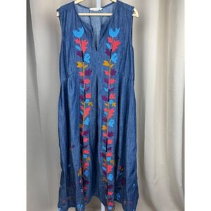 Eshakti Wayward Fancies Chambray Embroidered Shift Dress Leafy Floral Cotton L